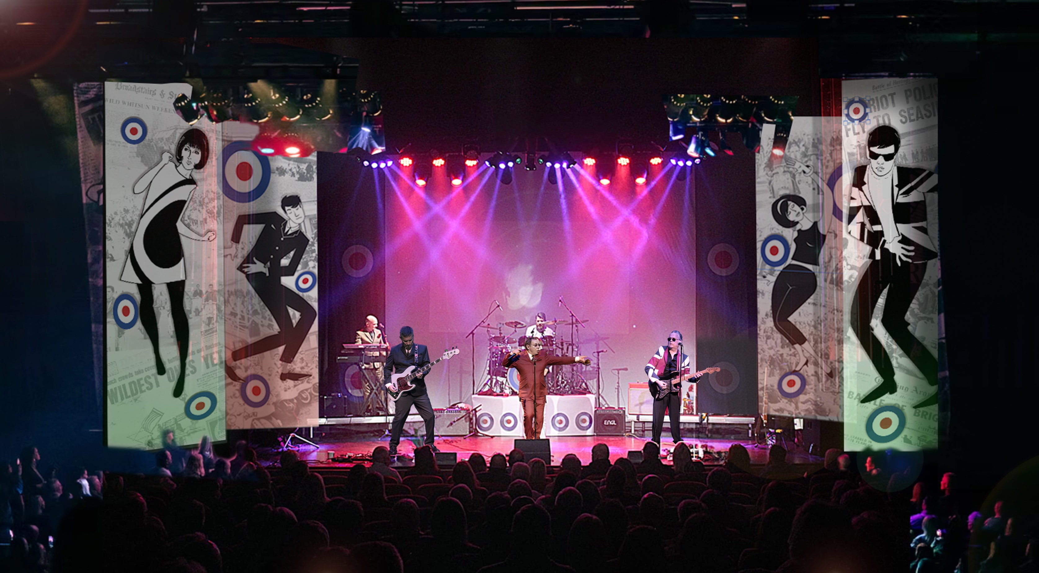 Friday On My Mind full stage set with Mod-era banners and live band
